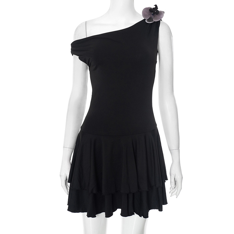 Three dimensional Flower Pleated Short Dress Black - Shop at LoveMi