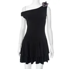 Three-dimensional Flower Pleated Short Dress - Black - View 1