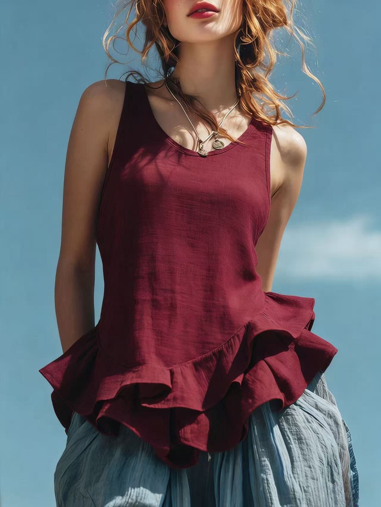 Casual Fashion Sleeveless Top With A Ruffled Hem 9