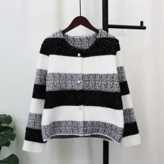 Loose Rainbow Striped Sweater Coat Tide - Black - View 1