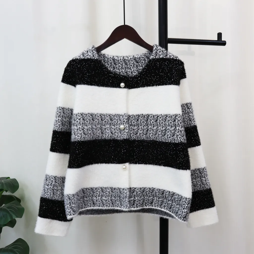 Loose Rainbow Striped Sweater Coat Tide - Black