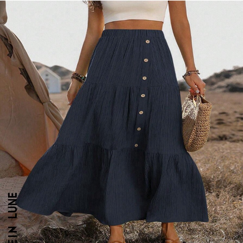 Elastic Waist Comfort Womens Long Tiered Striped Skirt