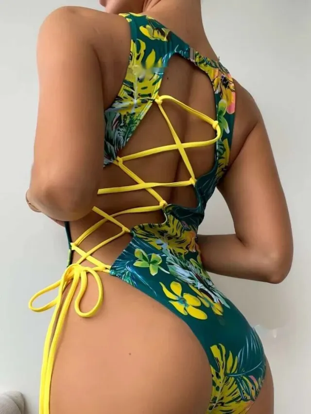 Hollow Backless Cross Bandage Swimsuit One Piece High Fork More Than Rope Net Red Yellow - Shop at LoveMi