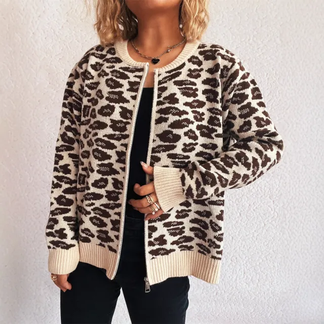 Fashion Color Contrast Knitted Cardigan Casual Round Neck Zipper Stitching Cloud Sweater Apricot - Shop at LoveMi