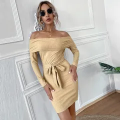 Sexy Women's Off-shoulder Long-sleeve Knit Dress For Elegant Commuting - Khaki - View 1