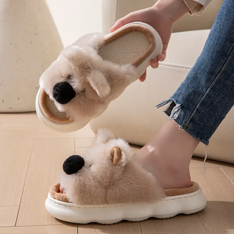 Cartoon Animal Plush Slippers for Women and Men, Indoor Home Slip-On Shoes with EVA Sole — Khaki, 40to41