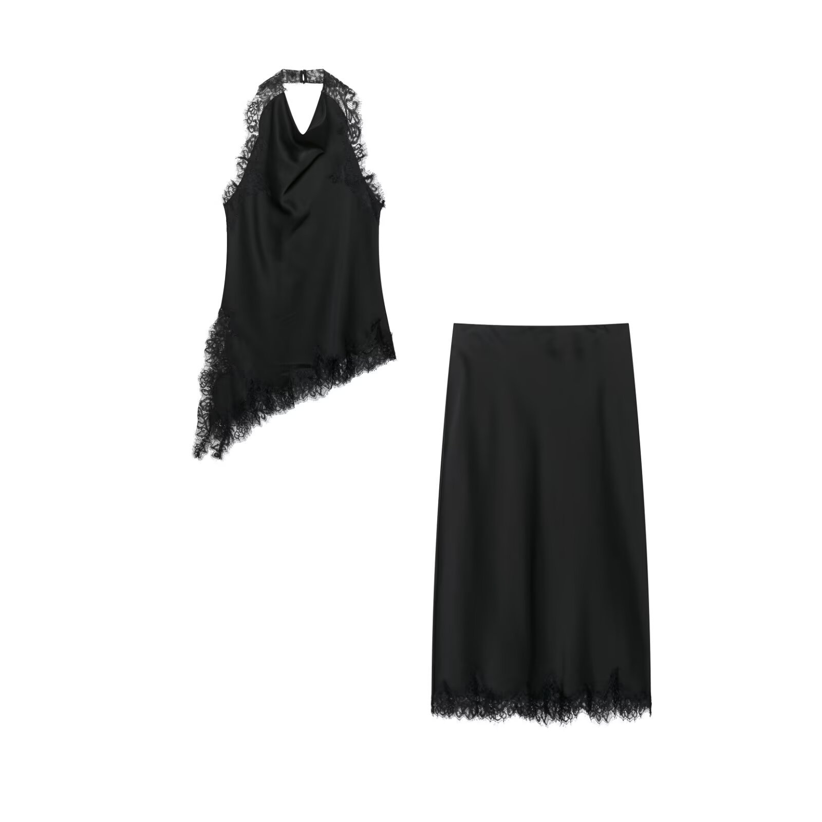 New Collar Lace Top Silk Satin Texture Skirt