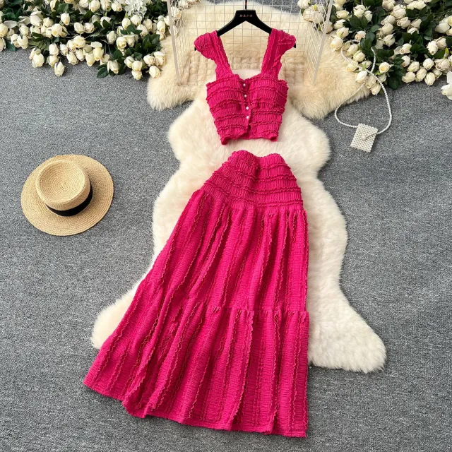 Suspender Top High Waist Crimp Skirt Two piece Suit Rose Red - Shop at LoveMi