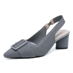 Pointed Toe Shallow Mouth Knitted Hollow Breathable Buckle Chunky Heel High Heel Sandals - Gray - View 1