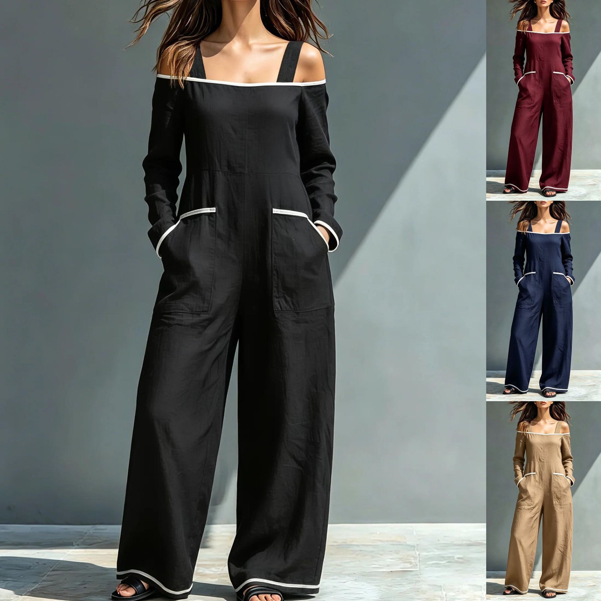 Summer Womens Fashionable Minimalist Long-Sleeve Casual Jumpsuit