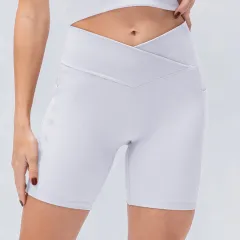New Women's Yoga Shorts Cross Waist Slim Fit Fitness Pants Pockets High Waist Hip Lift Running Exercise Shorts - White - View 1