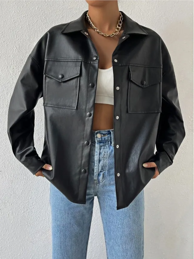 Single breasted Solid Color Pocket PU Fashion Casual Jacket Top Black - Shop at LoveMi