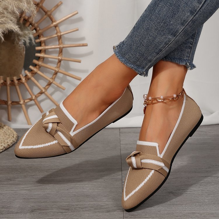 Knitted Mesh Bow-Tie Pointed-Toe Flat Womens Shoes