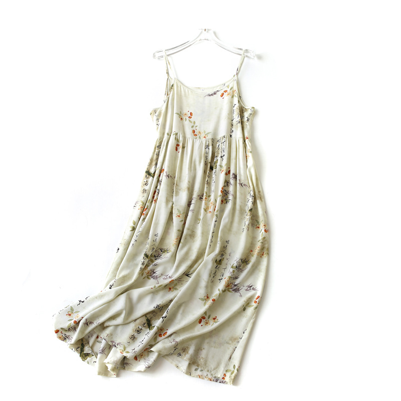 Long Floral Cotton Silk Waist Trimming Spaghetti Straps Dress