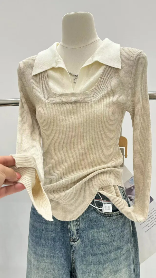 Women's Fashion Stitching Contrast Color Lapels Knitwear Oatmeal Color - Shop at LoveMi
