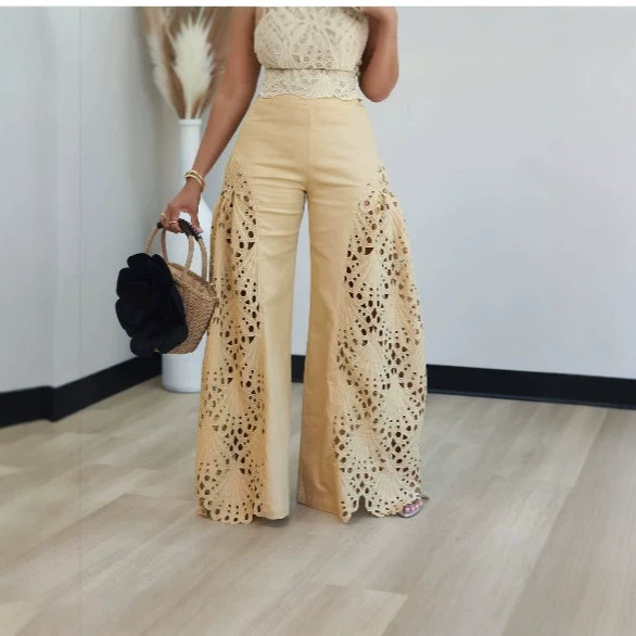 Womens Versatile Lace Hollow-out Patchwork High-waisted Solid-color Wide-leg Pants