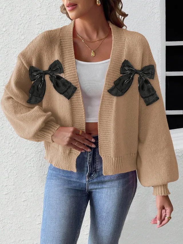 Women's Ribbon Bow Stitching Personality Sweater Coat Khaki - Shop at LoveMi