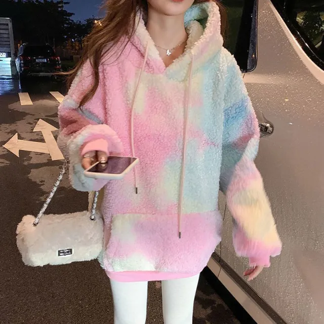 Lambswool Fleece lined Thick Tie dyed Hooded Sweater Colorful Pink Velvet - Shop at LoveMi