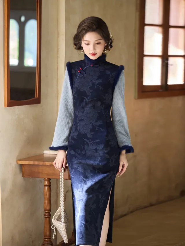 New Autumn And Winter Fleece lined Thickened Slimming Women's Cheongsam Blue - Shop at LoveMi