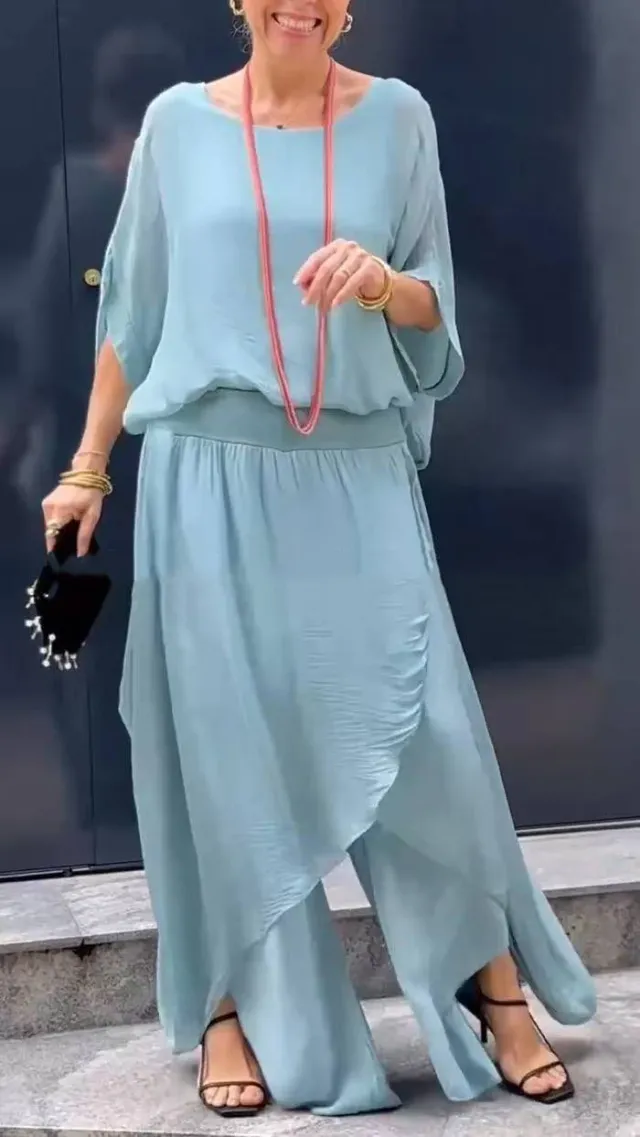 Loose Comfortable Top Split Wide Leg Pants Chiffon Casual Suit Green - Shop at LoveMi