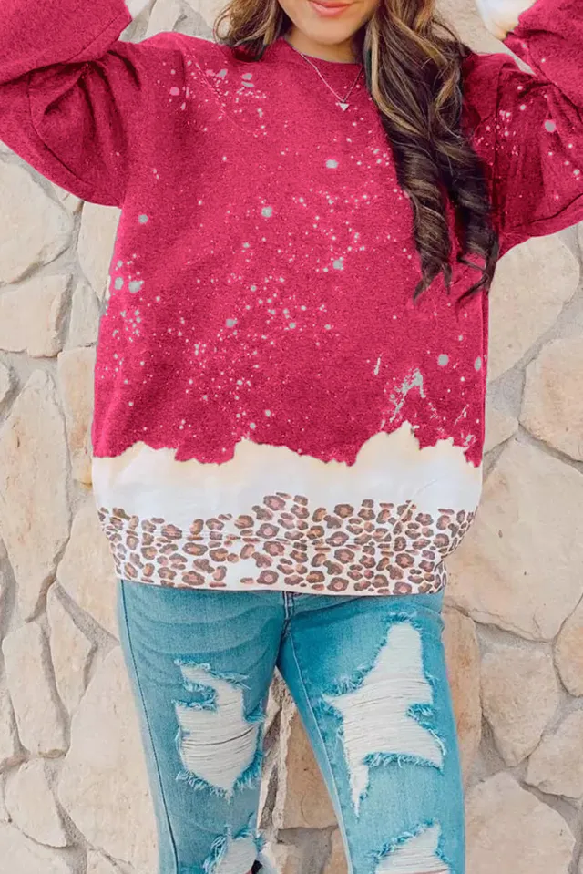 New Leopard Splicing Loose Sweater Women's European And American Outer Cap Tie dye Red - Shop at LoveMi