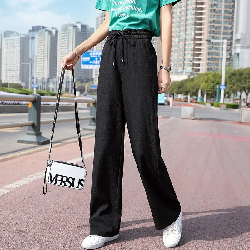 White Wide Leg Pants Female High Waist Drooping Ice Silk Leggings - Black