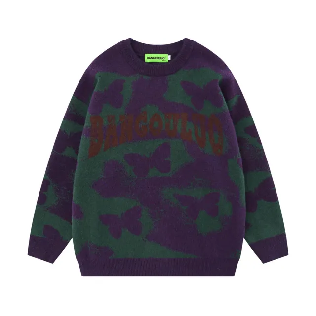 Full Printed Butterfly Design Sense Niche Round Neck Sweater Purple - Shop at LoveMi