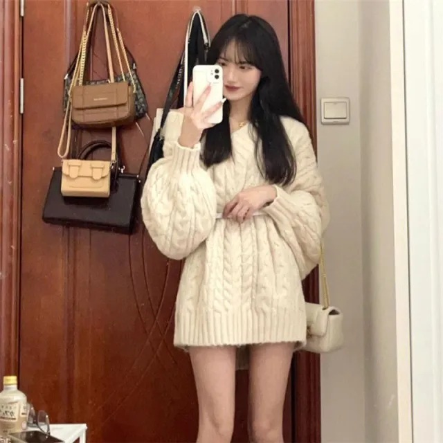 Idle Style Retro Thickened V neck Loose Sweater Apricot - Shop at LoveMi