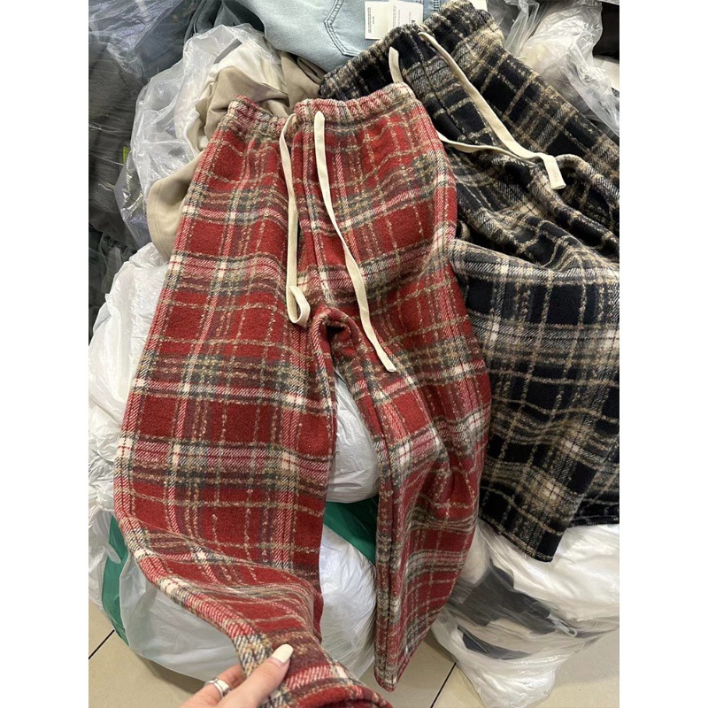 Christmas Red Wool Fleece-lined Lattice Loose Pants