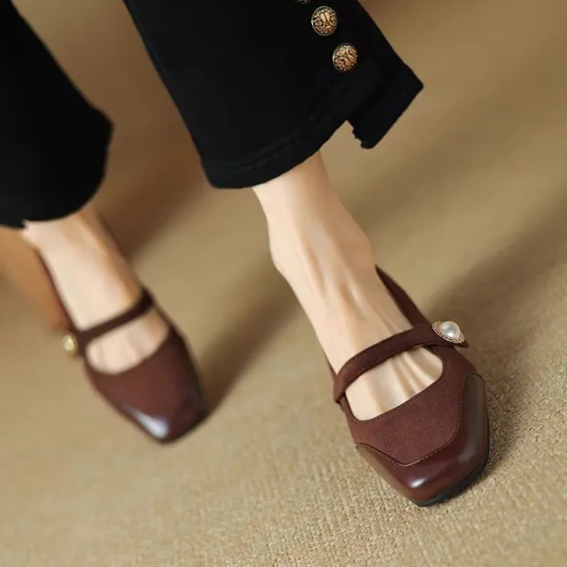 Women's Chunky Heel Suede Flat Low cut Shoes Brown - Shop at LoveMi