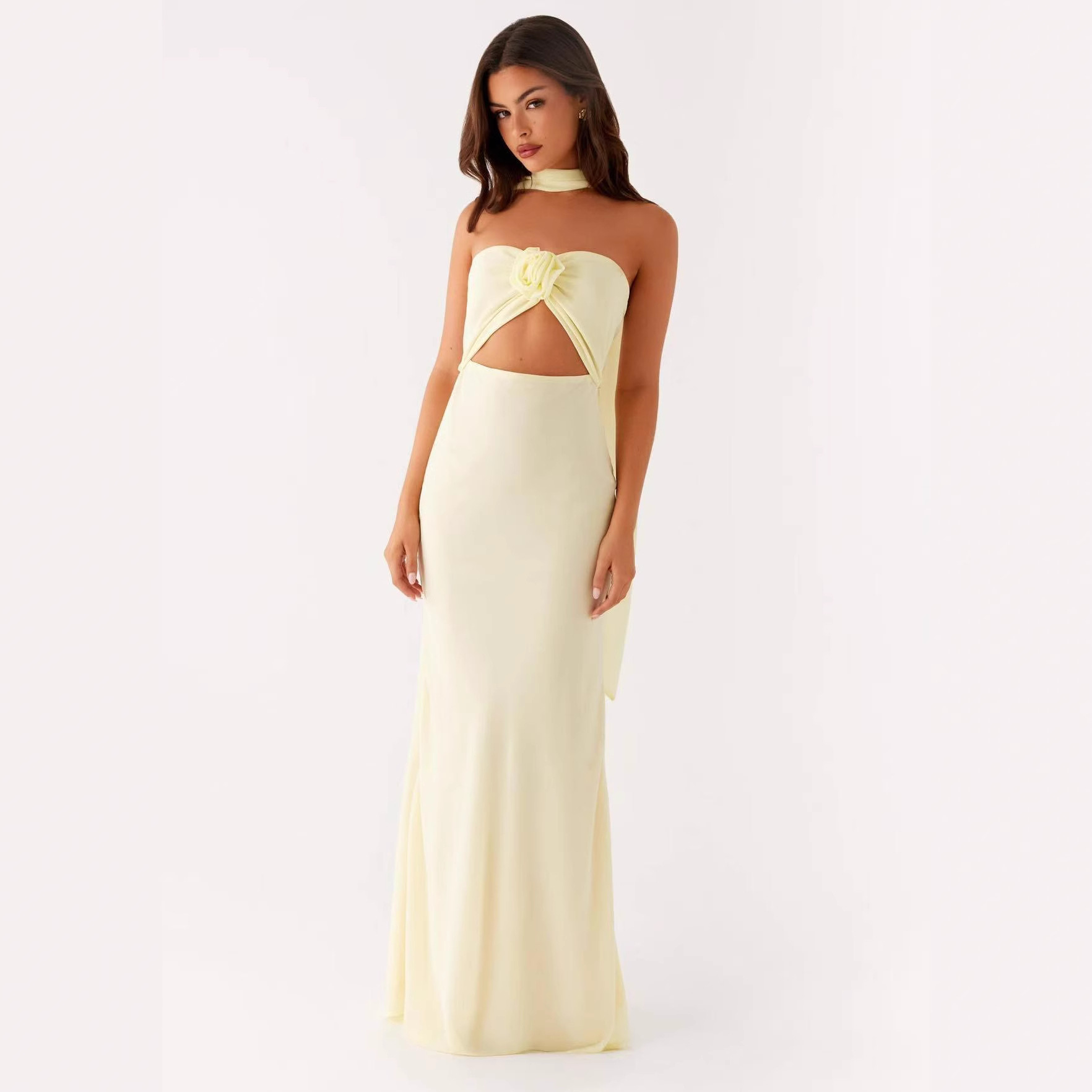 Hollow-out Floral Lace-up Backless Slim-fit Printed Long Dress
