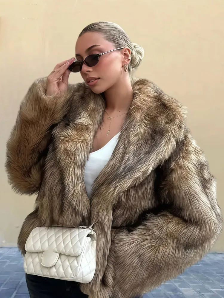 Women's Pure Color Versatile Faux Fur Collar Long Sleeve Coat Plus Size Outerwear - Grass Color