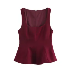 European And American Style Women's Square Collar Sleeveless Top - Red - View 1