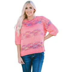 European And American Leisure Colour Stripes Contrast Colour Loose Crew Neck Pullover Sweater - Rose Red - View 1