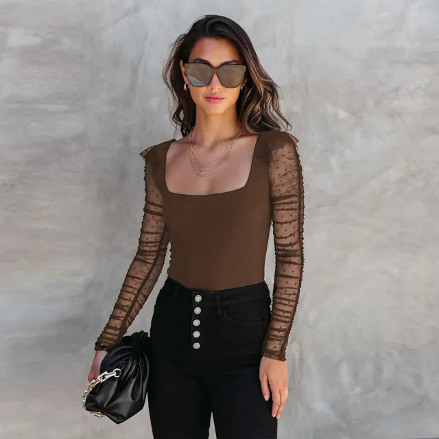 Square Collar Solid Color Lace Slim Fit Patchwork Top Coffee - Shop at LoveMi