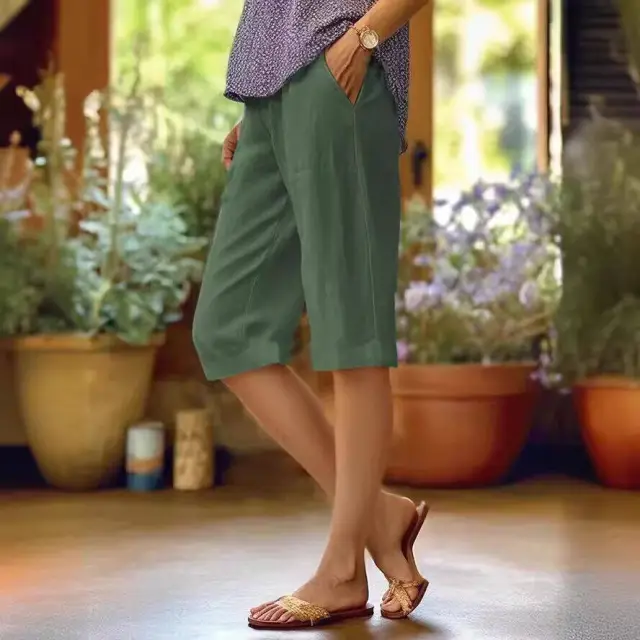 Women's Cotton And Linen Loose Elastic Waist With Pocket Straight leg Pants Army Green - Shop at LoveMi