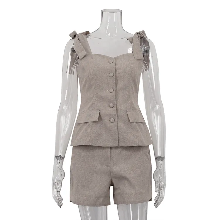 Cotton Bow Suspenders Vest Loose Shorts Two-piece Set - Khaki