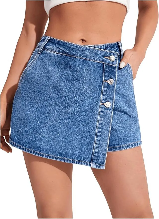 Womens Stylish Personalized Denim Skort With Side Slits Blue - Shop at LoveMi