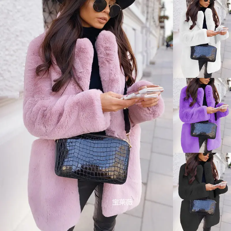 Temperament Long Sleeve Lapel Faux Fur Coat Solid Color