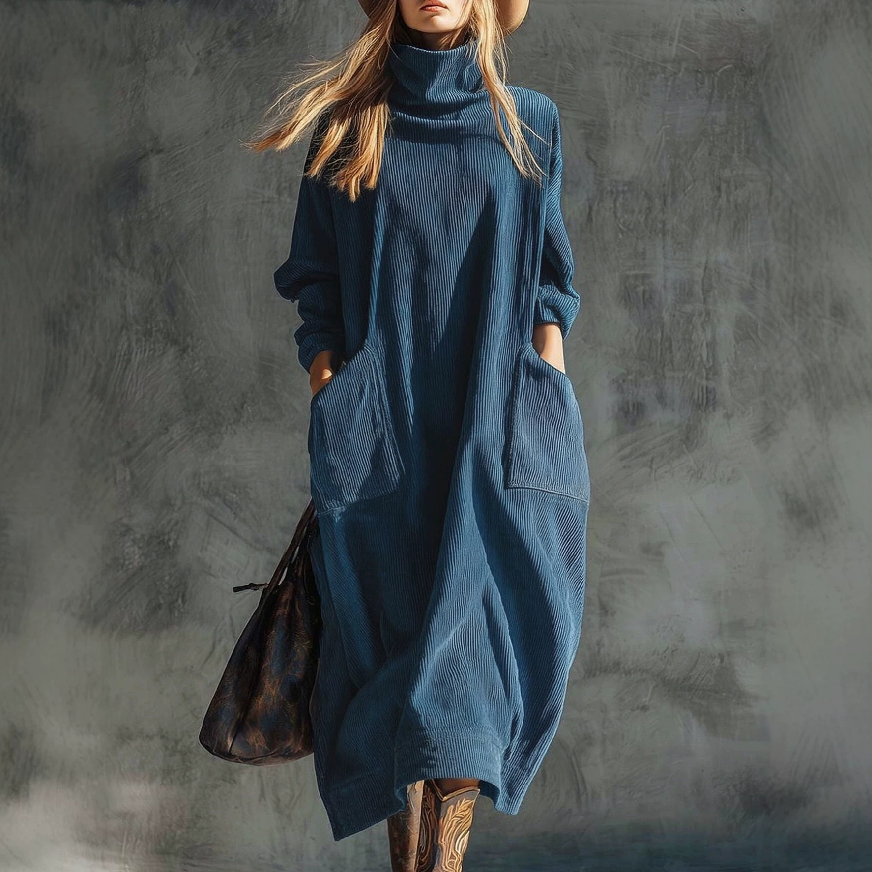 Corduroy Slimming Long Dress With Two Pockets For Women