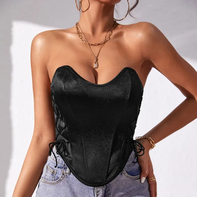 Sexy Chic Lace up Solid color Tube Top, Street style Backless Fishbone Waist Cincher Vest Black - Shop at LoveMi