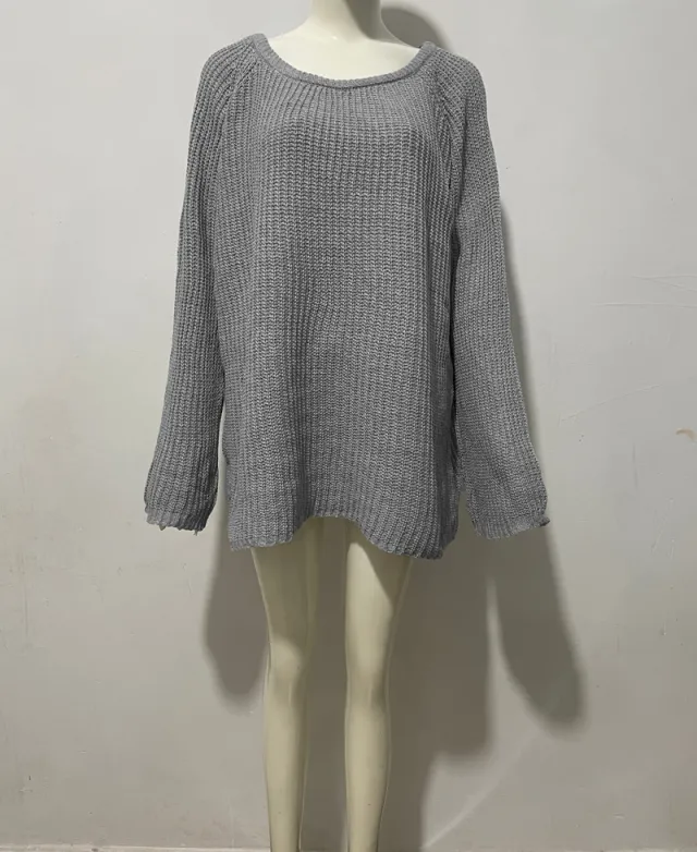 Flare Sleeve Sweater Round Neck Long Sleeve Loose Top Medium Gray - Shop at LoveMi