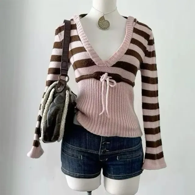 Women's V neck Stripes Pullover Sweater Pink - Shop at LoveMi