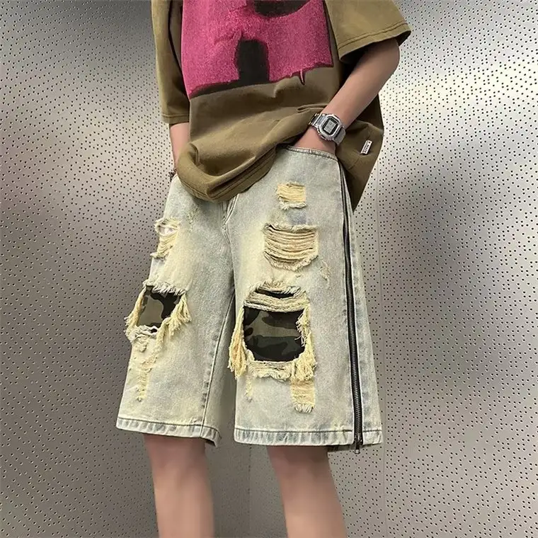 Men's Summer Ripped Camouflage Denim Shorts