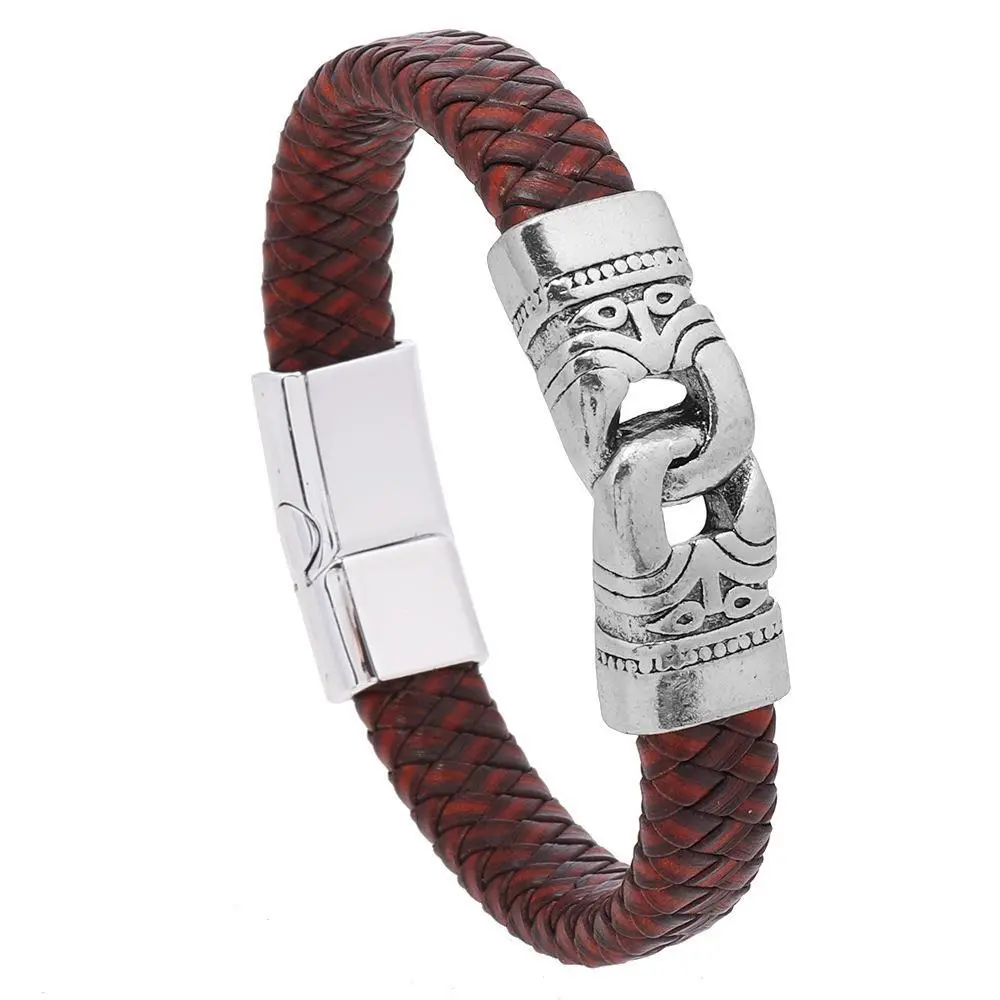 Alloy Hand-held Men's Leather Woven Bracelet - Brown