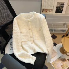 Knitted Top Women's Round Neck Sweater Coat - White - View 1