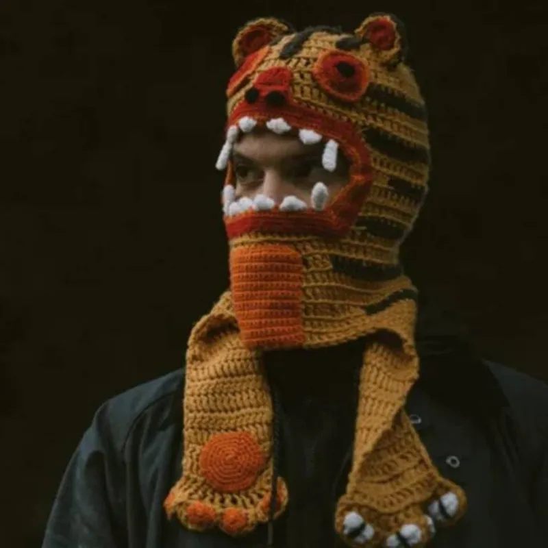 New Knitted Hand Crocheting Leopard Balaclava Autumn And Winter Windproof Pullover Mask One-piece Hat - Orange