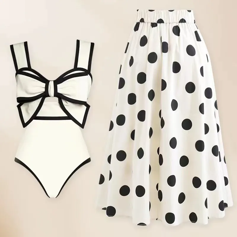 One-piece Swimsuit Female Beach Dress Bow Round Skirt - White
