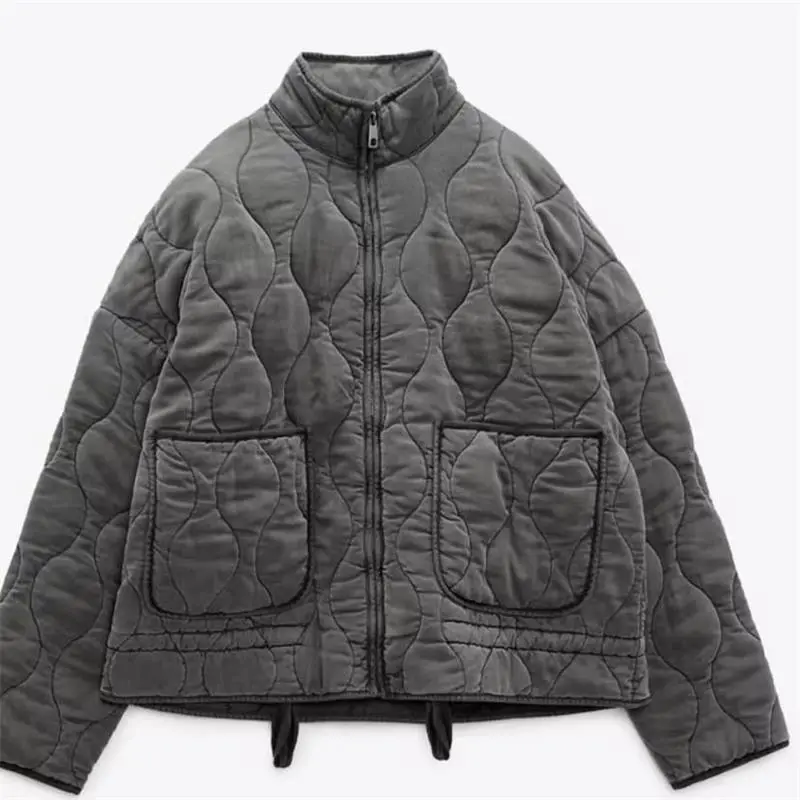 Large Pocket Lace-up Long Sleeve Cotton Coat Jacket Washed Cotton-padded Coat For Women - Gray