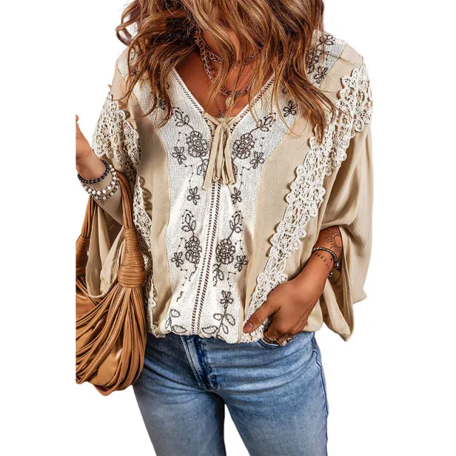 Shiying Early Autumn Thin Lace Patchwork Chiffon Shirt Casual Loose Contrast Pullover Lc25123884 P1018 Xxl - Shop at LoveMi